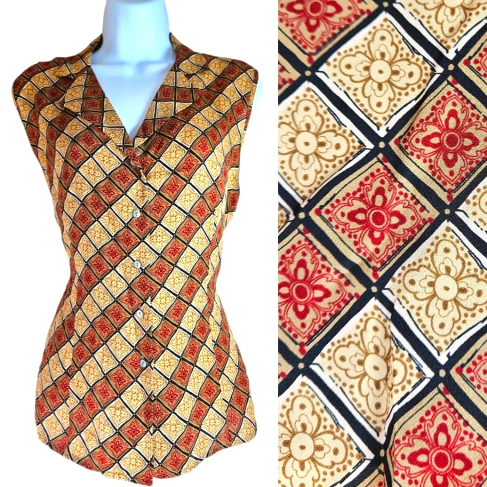 NWOT Casual Corner red tan gold print silk blouse top Womens 12 - Picture 1 of 8